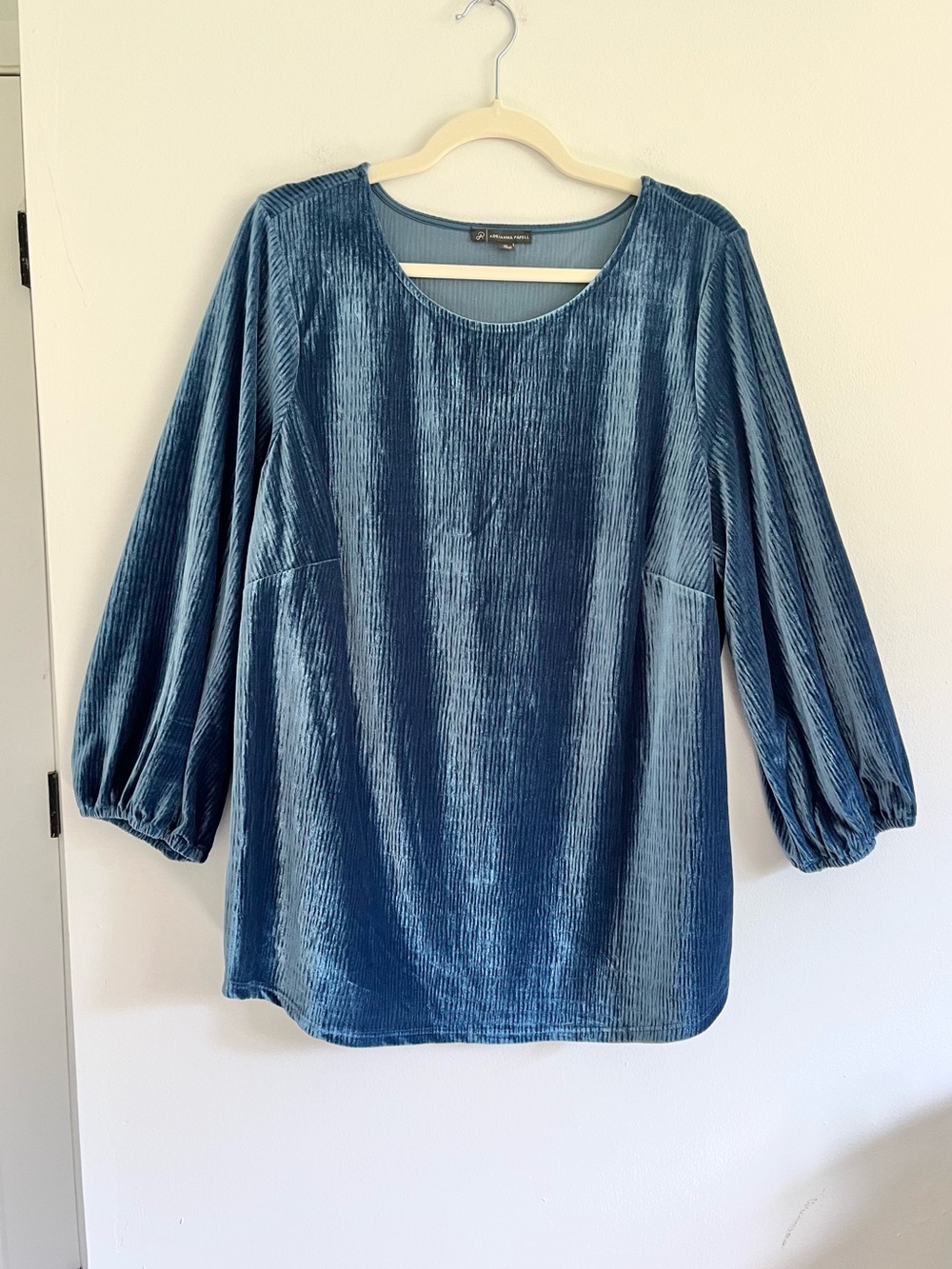 Adrianna Papell 1X Blue Velvet Scoop Neck Balloon Sleeve Tunic Festive Luxury